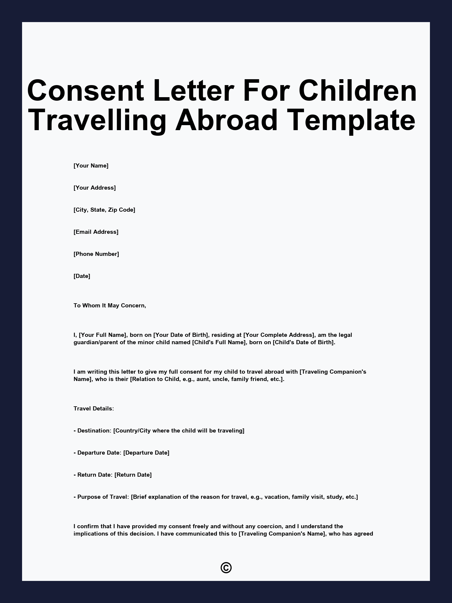 Consent Letter For Children Travelling Abroad Template