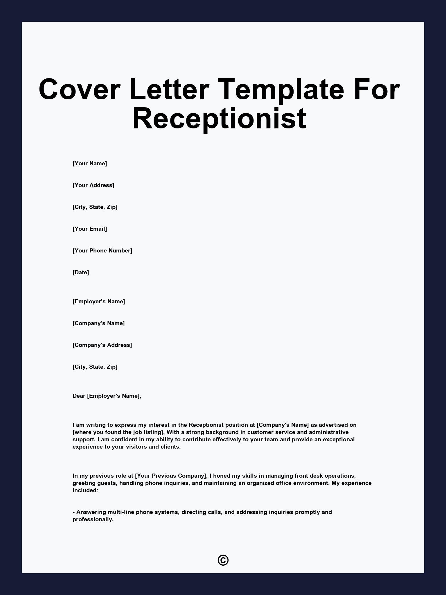 Cover Letter Template For Receptionist