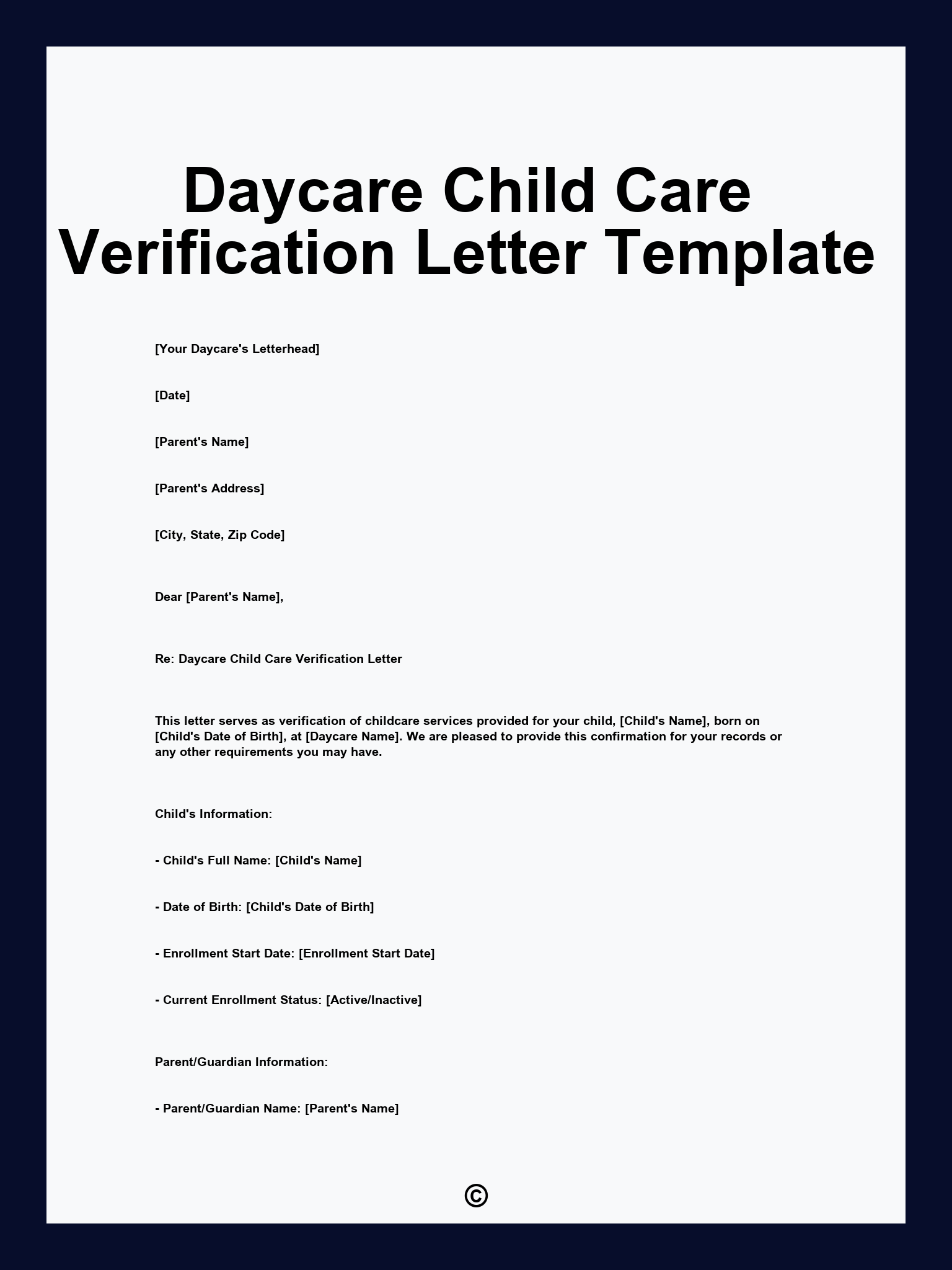 Daycare Child Care Verification Letter Template