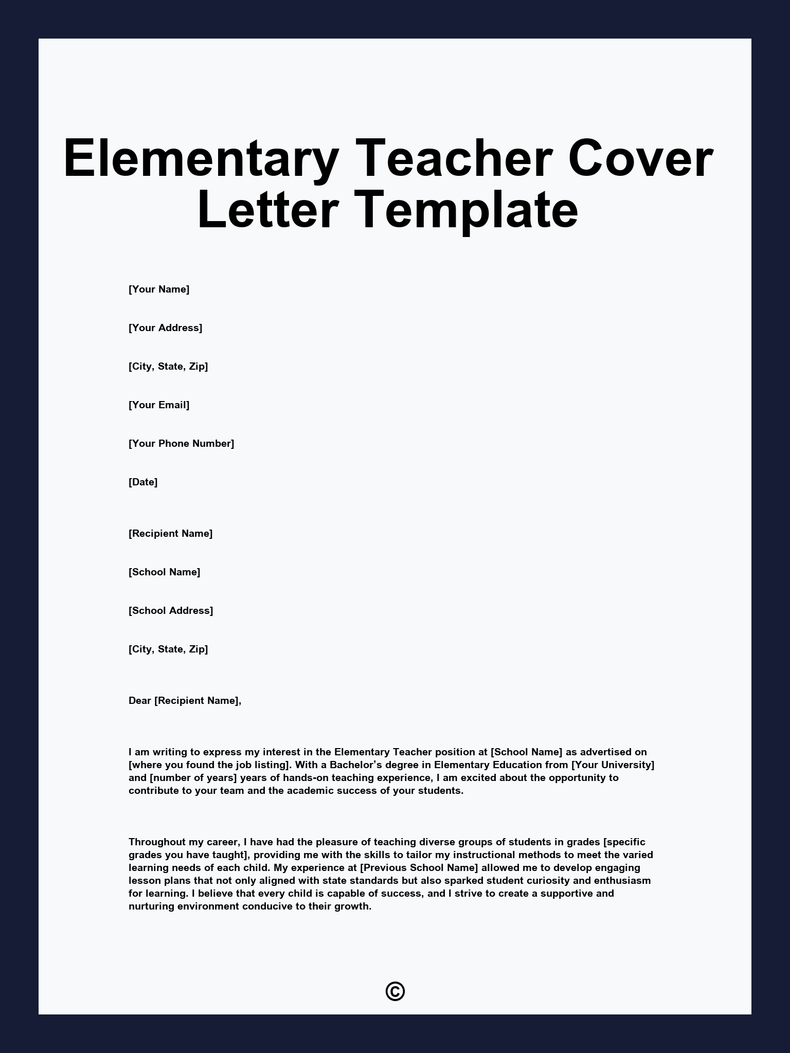 Elementary Teacher Cover Letter Template