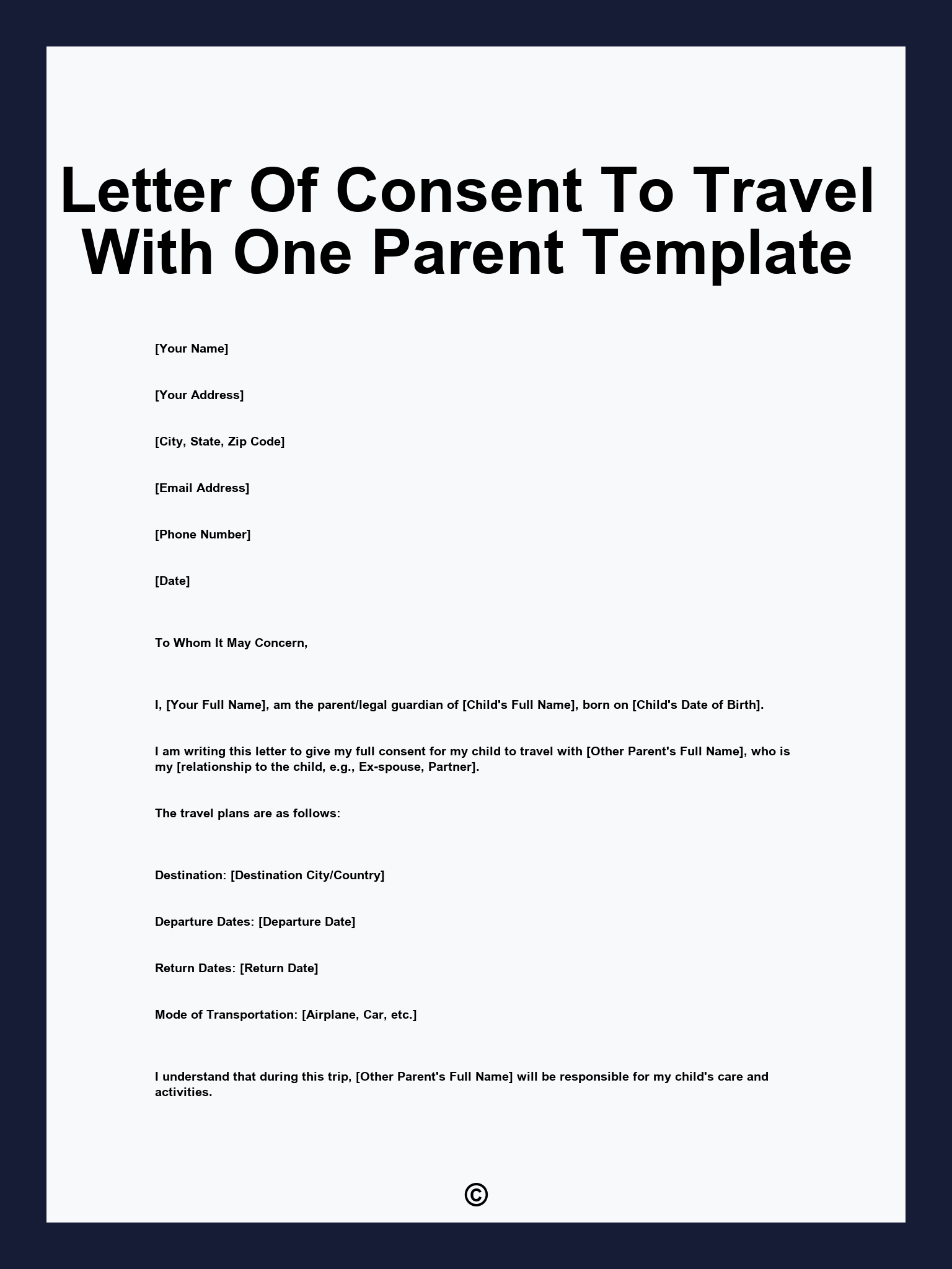 Letter Of Consent To Travel With One Parent Template