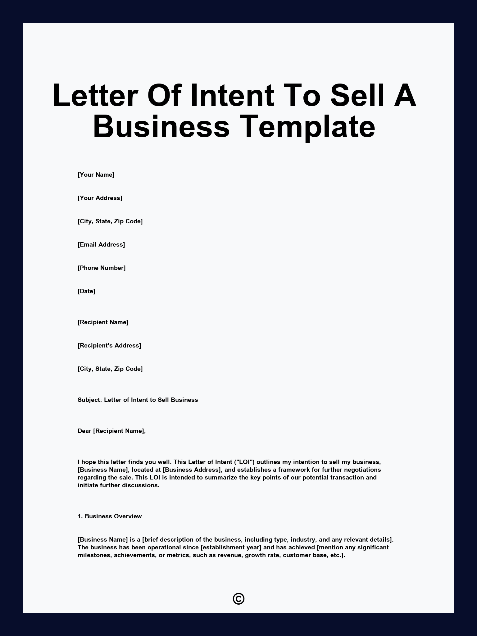 Letter Of Intent To Sell A Business Template