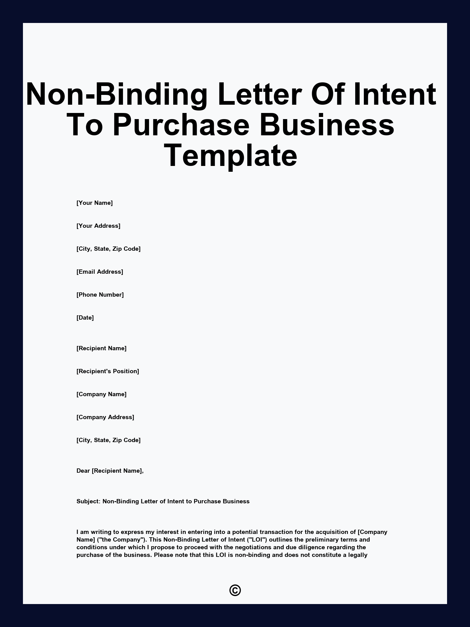 Non-Binding Letter Of Intent To Purchase Business Template