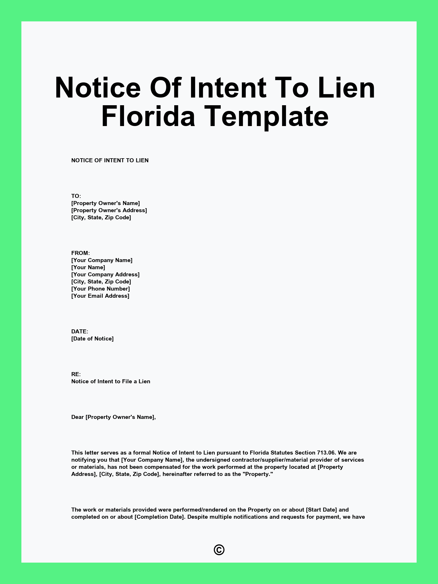 Notice Of Intent To Lien Florida Template