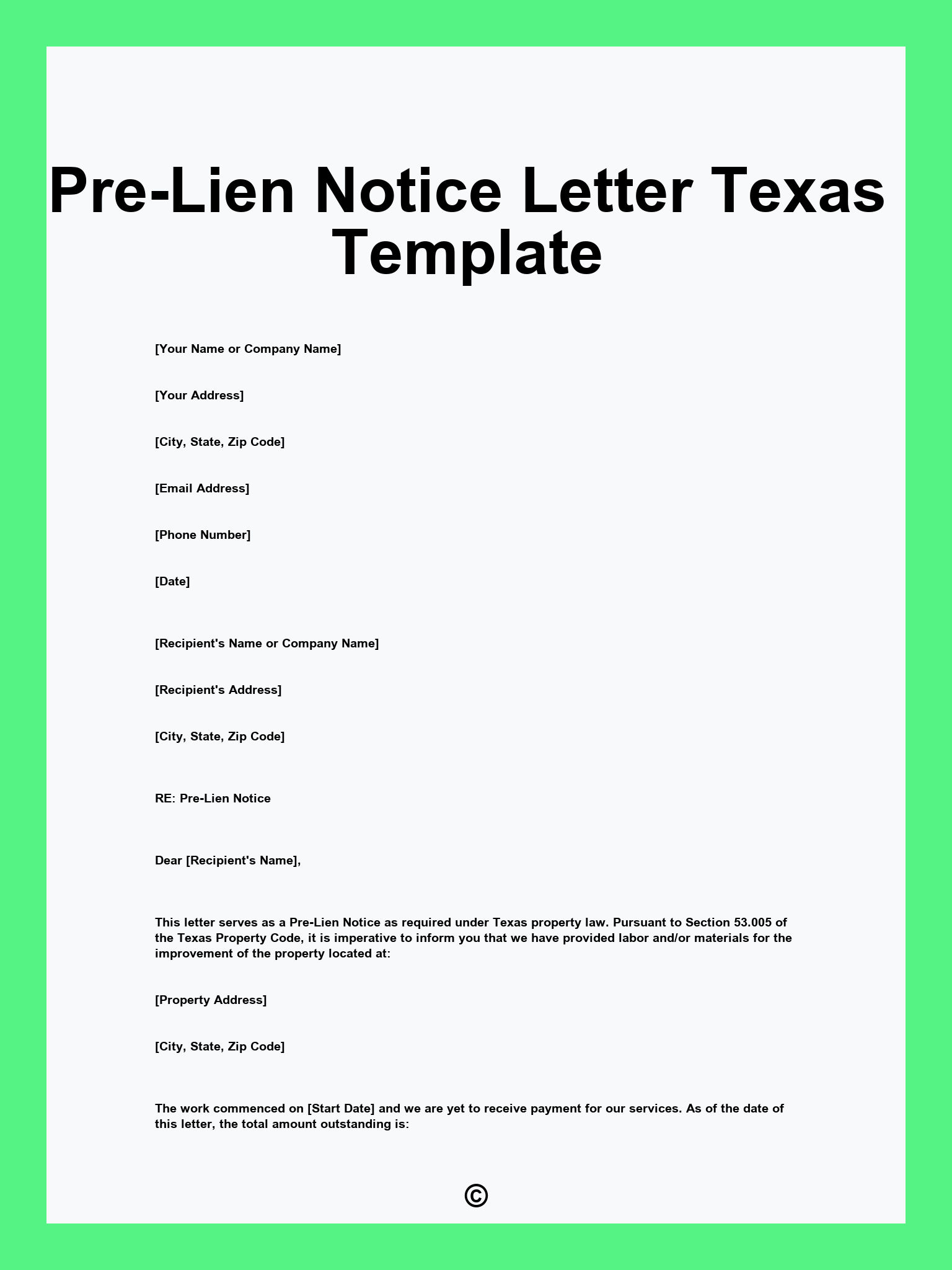 Pre-Lien Notice Letter Texas Template