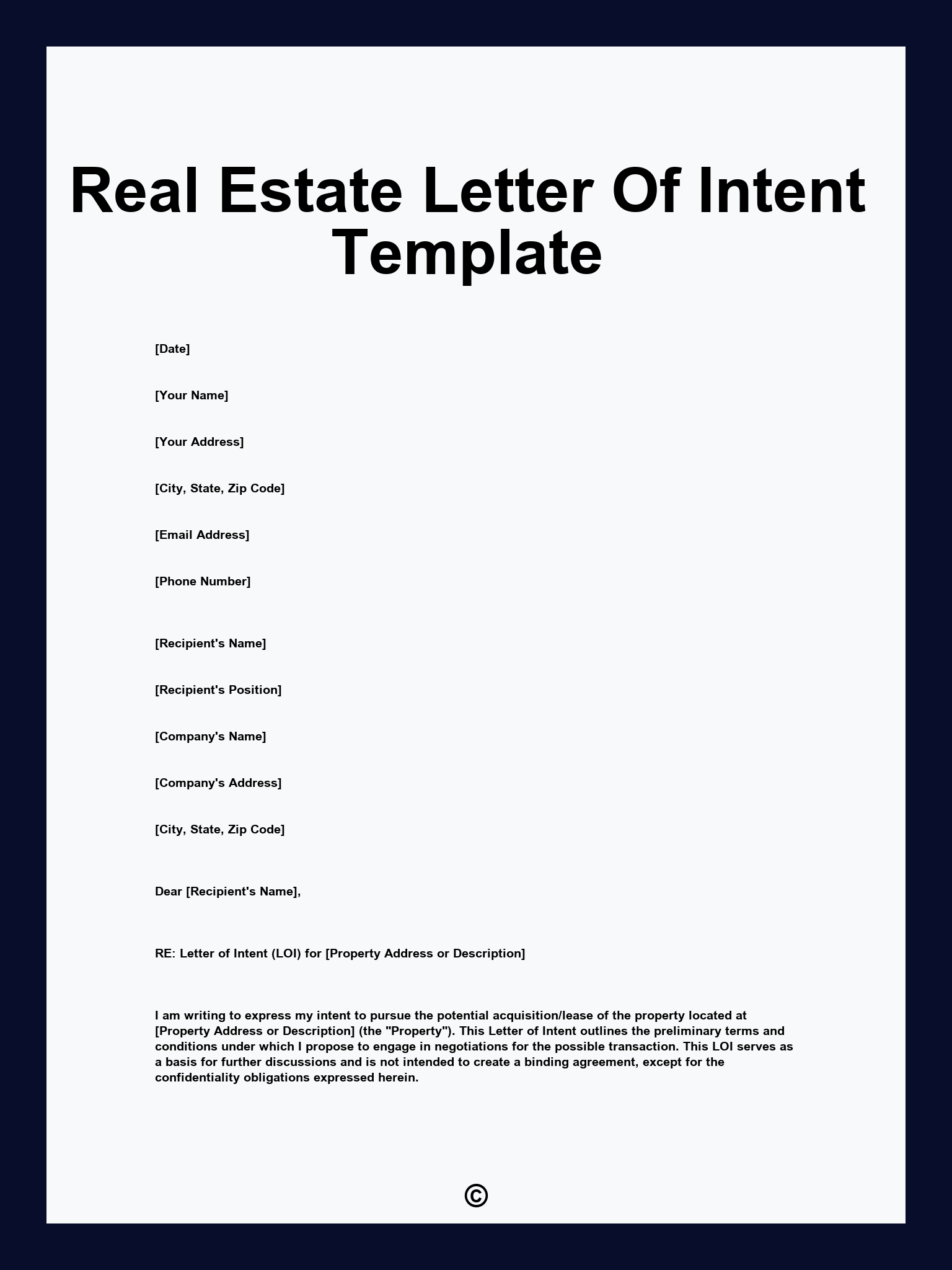 Real Estate Letter Of Intent Template