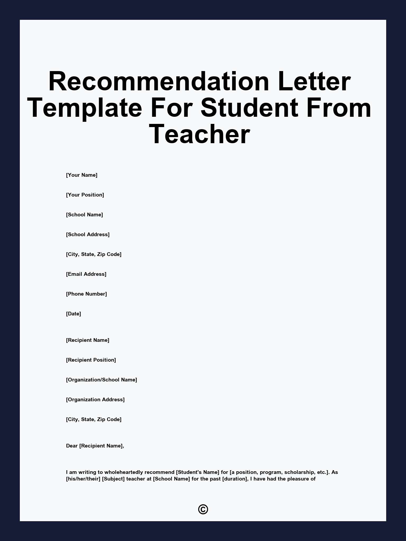 Recommendation Letter Template For Student From Teacher