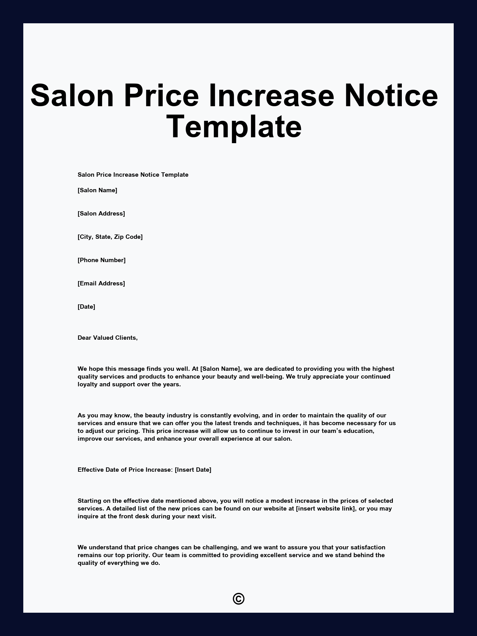 Salon Price Increase Notice Template