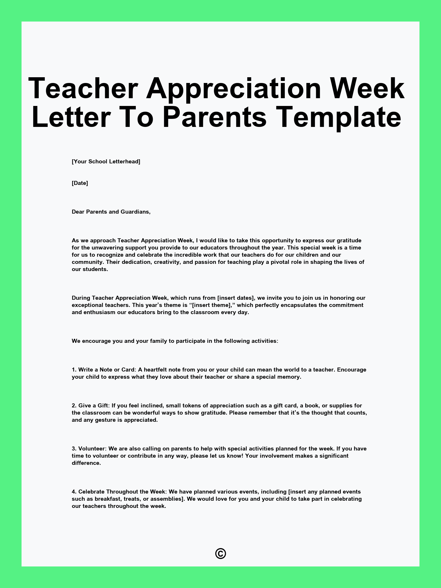 Teacher Appreciation Week Letter To Parents Template
